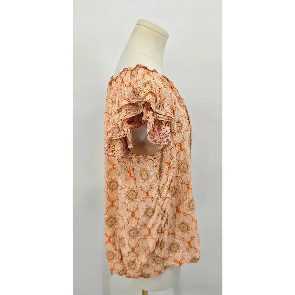 Rose +‎ Olive Romantic Boho Festival Floral Tile Print Tassel Blouse